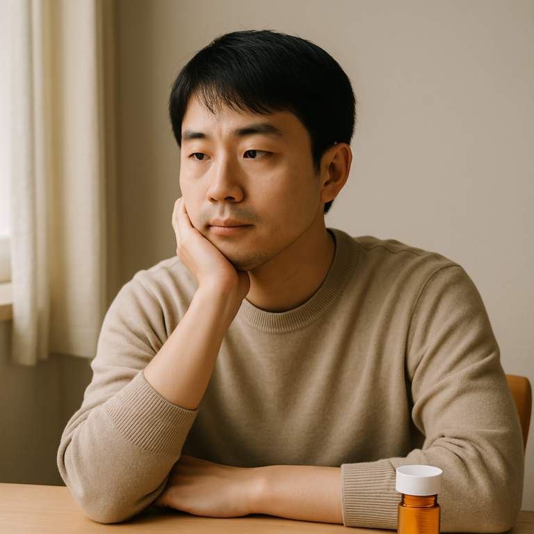 ADHD薬について考える大人が静かな部屋でノートと処方薬を前に悩んでいる様子